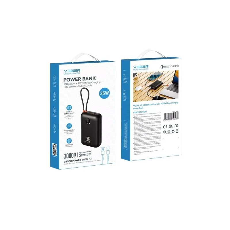 Prenosna baterija Powerbank VEGER W3018, 30.000 mAh, črna