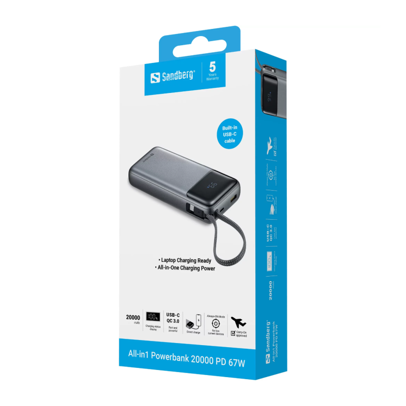 Prenosna baterija Powerbank Sandberg All-in1, 20.000mAh, 67W