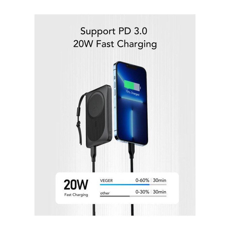 Prenosna baterija Powerbank Veger W1151 MagOn, 10.000mAh, črna
