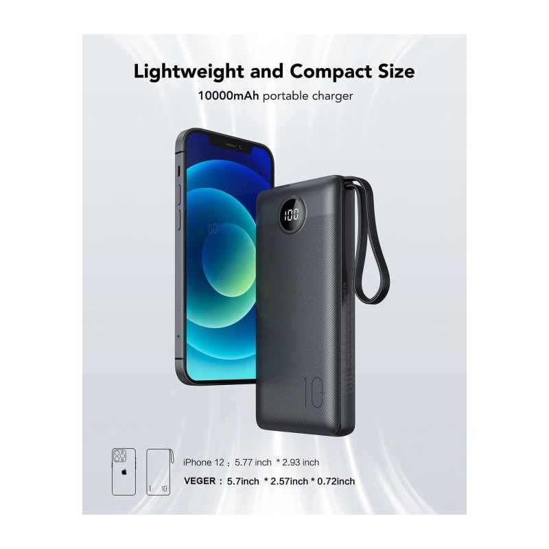 Prenosna baterija Powerbank Veger W1116, 10.000mAh, črna