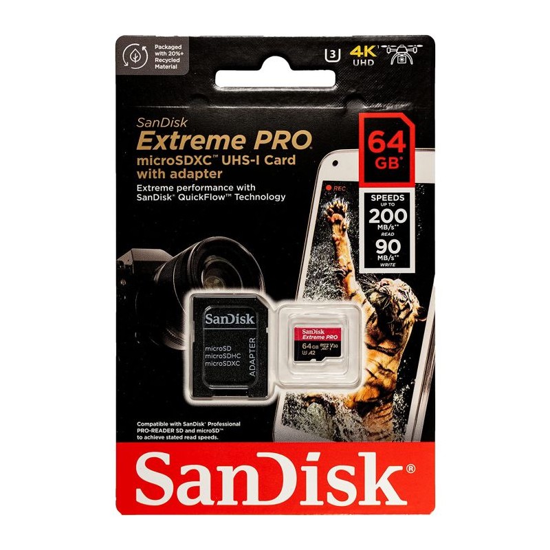 Pomnilniška kartica SDXC SANDISK MICRO 64GB EXTREME PRO, UHS-I, V30, adapter