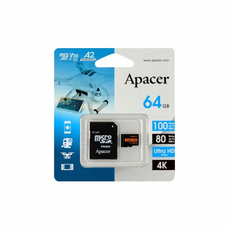 Pomnilniška kartica microSD XC  64GB APACER UHS-I U3 V30 R100 A2 8930030