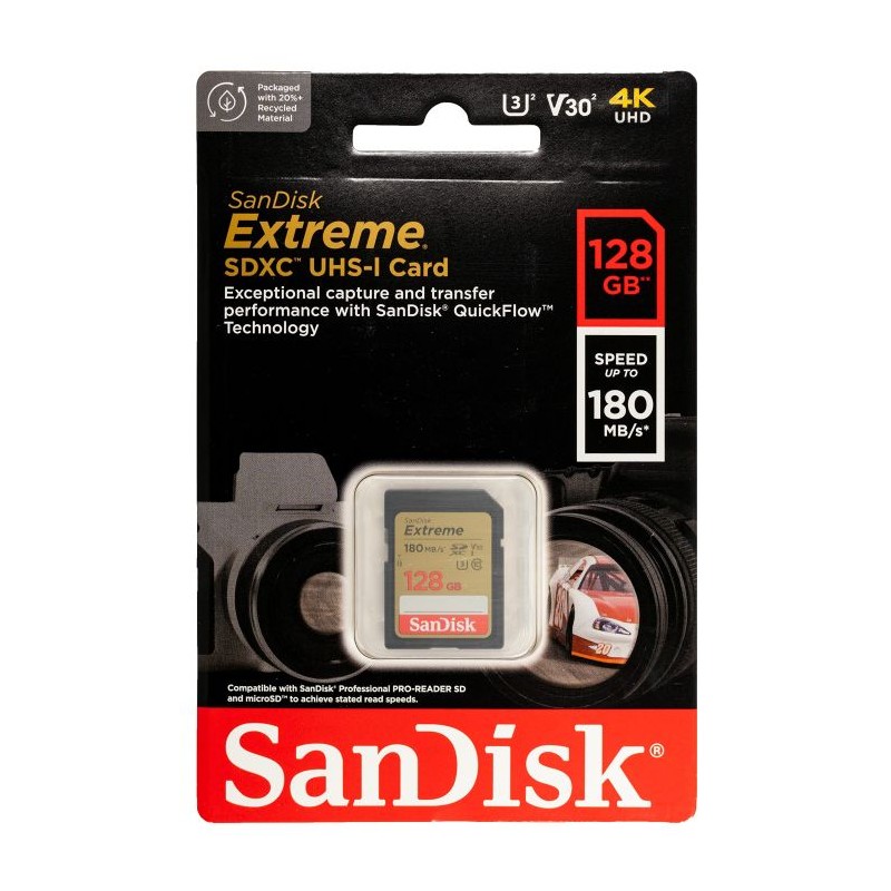 Pomnilniška kartica SDXC SANDISK 128GB EXTREME, 180/90MB/s, UHS-I, C10, U3, V30