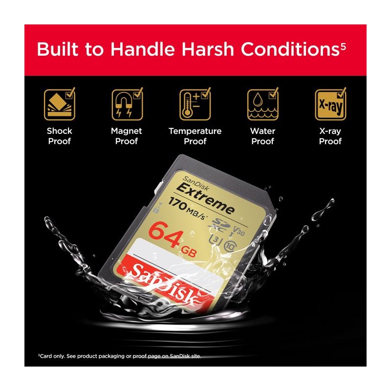 Pomnilniška kartica SDXC SANDISK 64GB EXTREME, 170/80 MB/s, UHS-1, C10, U3, V30