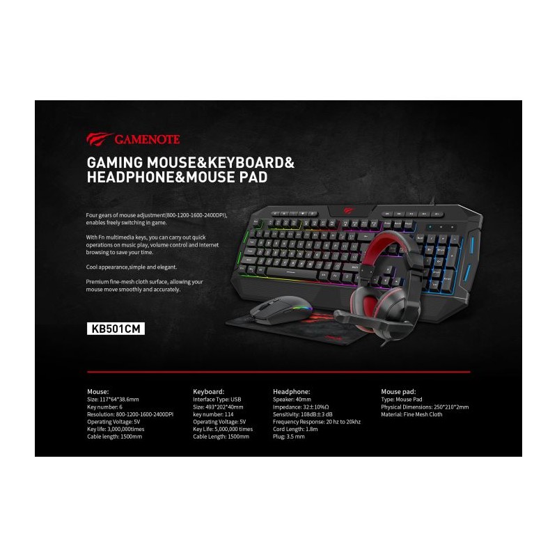 Komplet 4v1 HAVIT Gamenote (tipkovnica+miška+podloga+slušalke) HV-KB501CM