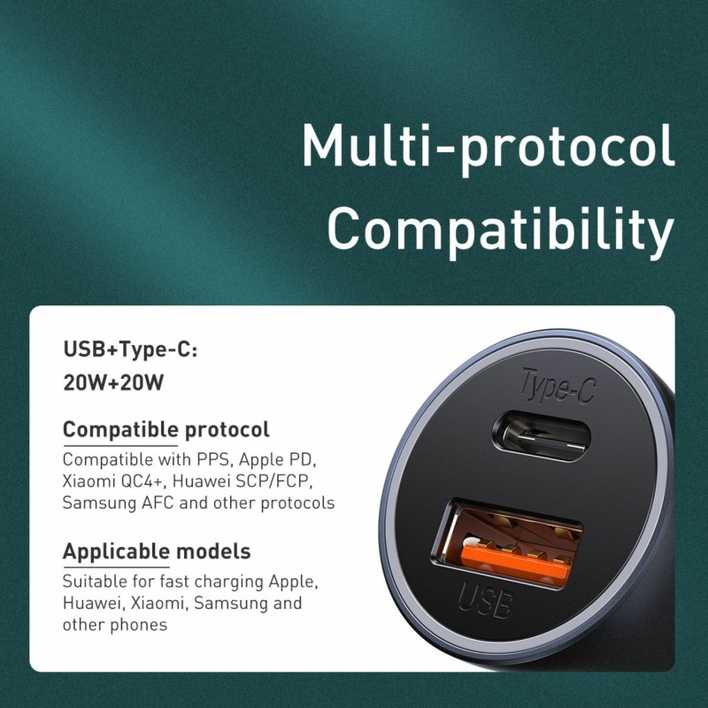 Avtomobilski polnilec Baseus CCJD-0G, 40W, USB-C, USB-A, PD QC, siv