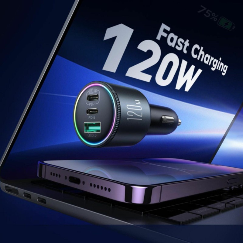 Avtomobilski polnilec Joyroom JR-CCN07, 120W PD QC, USB-C, USB-A, črn