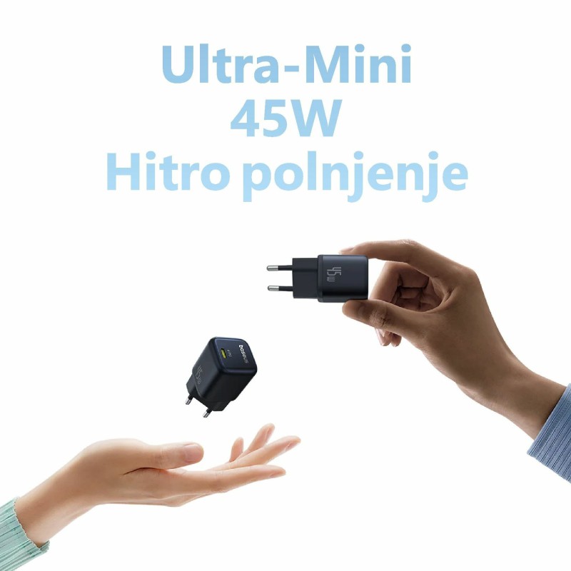 Polnilec Baseus PicoGo, 45W QC PD, USB-C, bel