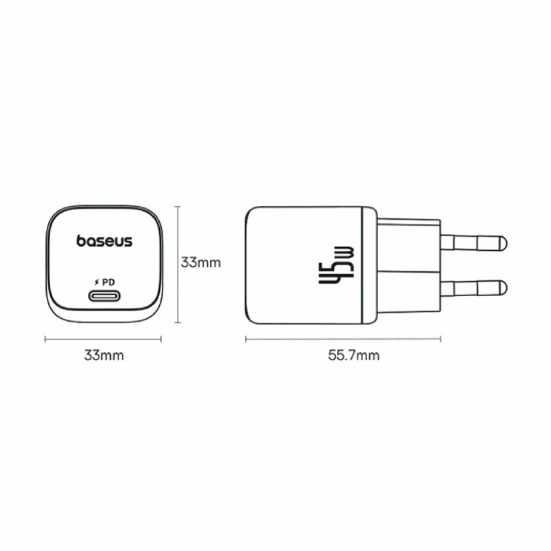 Polnilec Baseus PicoGo, 45W QC PD, USB-C, bel
