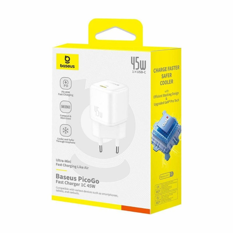 Polnilec Baseus PicoGo, 45W QC PD, USB-C, bel