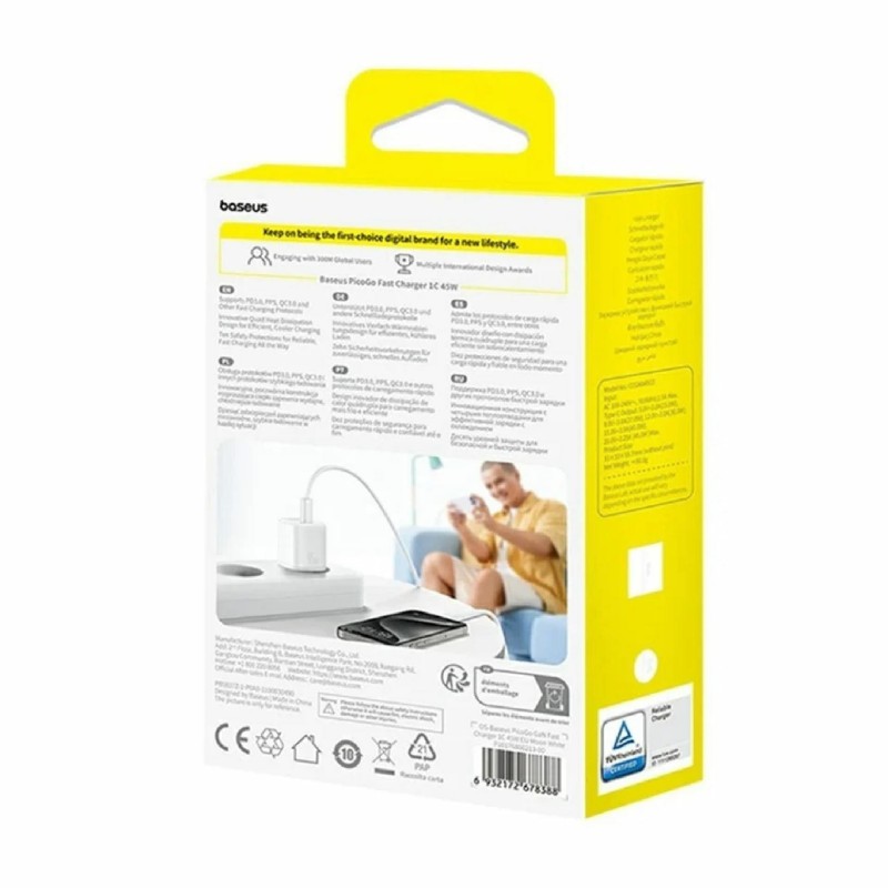 Polnilec Baseus PicoGo, 45W QC PD, USB-C, bel