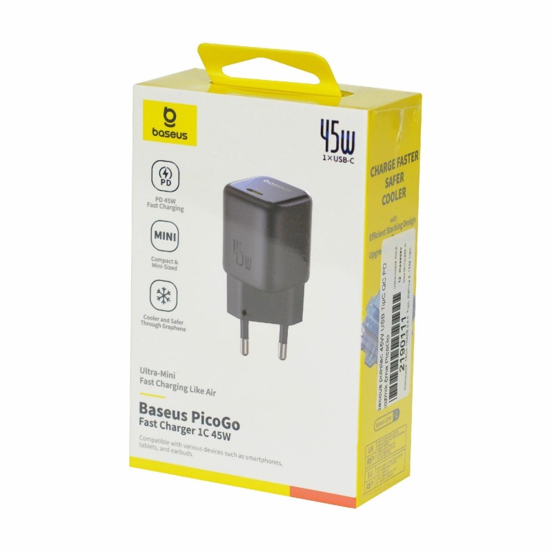 Polnilec Baseus PicoGo, 45W QC PD, USB-C, kozmik črna