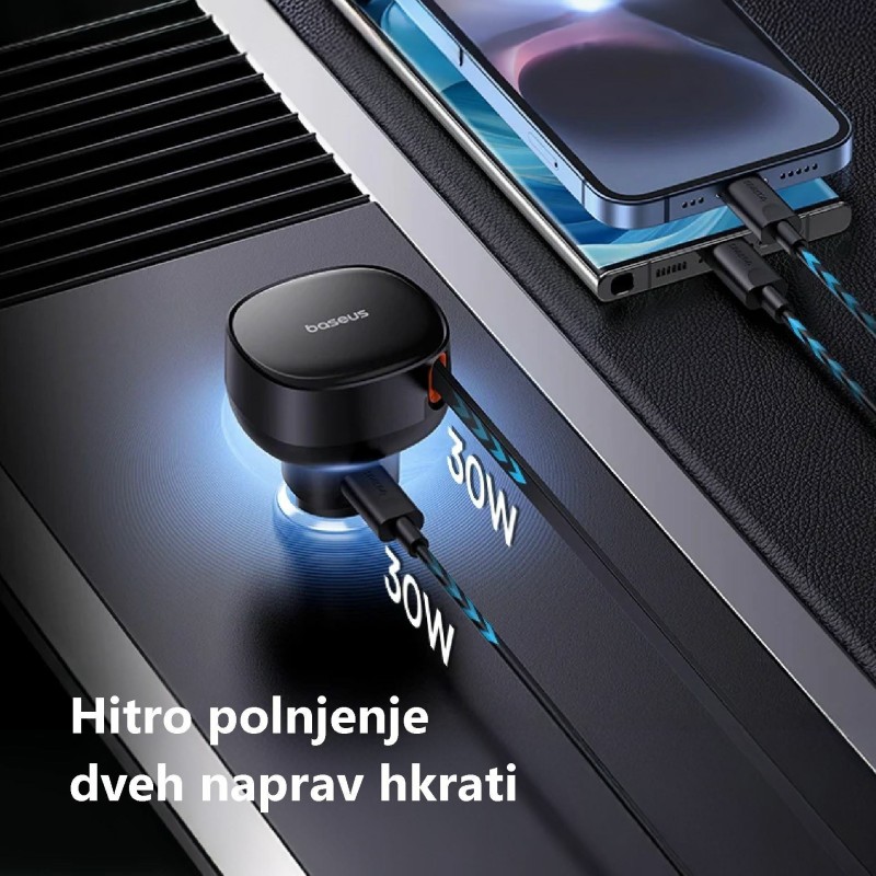 Avtomobilski polnilec Baseus Enjoyment Pro, 60W PD QC, USB-C, črm