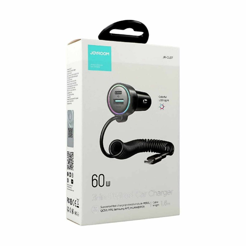 Avtomobilski polnilec Joyroom JR-CL07, 60W PD QC, USB-A, USB-C, črn