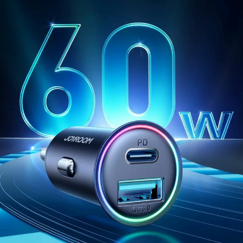 Avtomobilski polnilec Joyroom JR-CCN04, 60W PD QC, USB-A, USB-C, črn