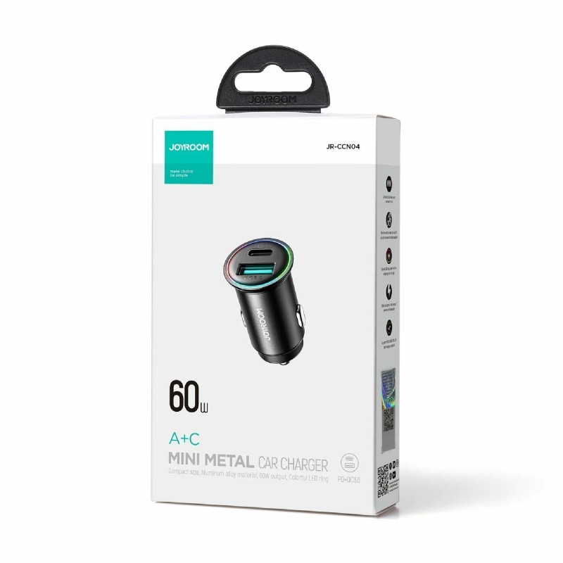 Avtomobilski polnilec Joyroom JR-CCN04, 60W PD QC, USB-A, USB-C, črn