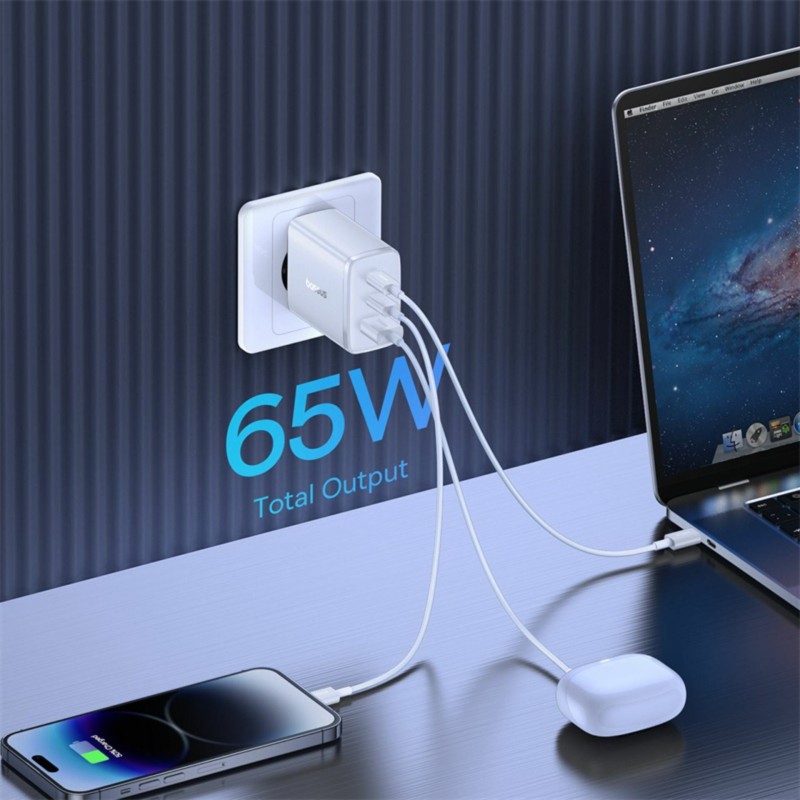 Polnilec Baseus CubePro, 65W 2x USB-C, USB-A, bel