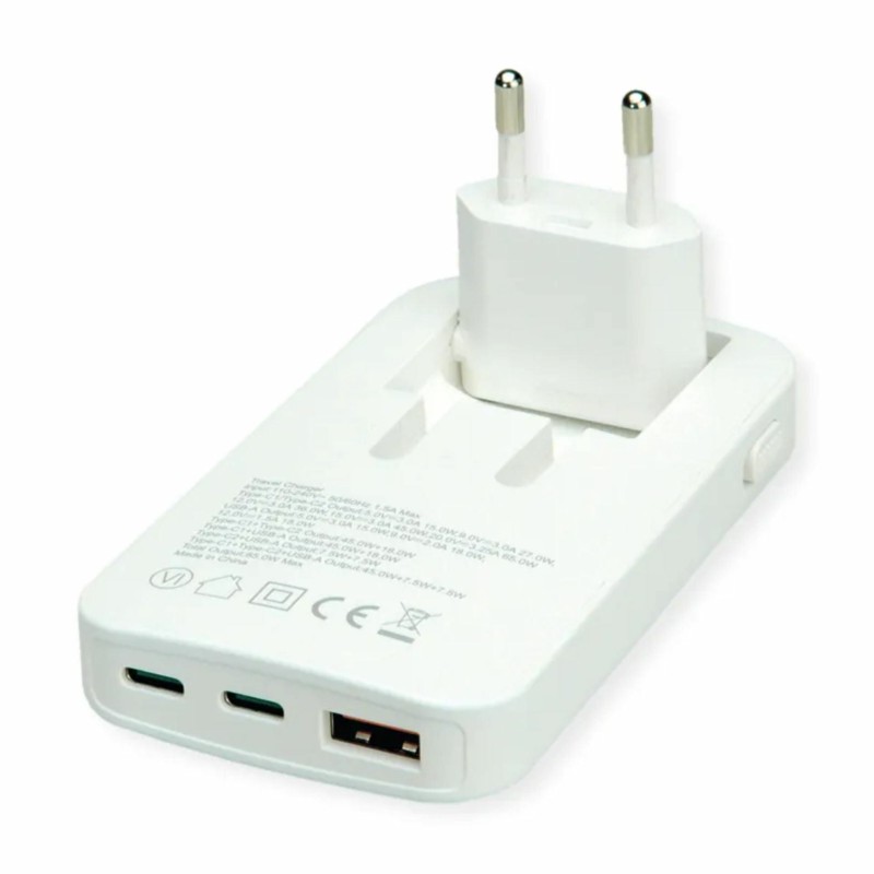 Polnilec kotni Roline 65W, 2x USB-C, USB-A, bel