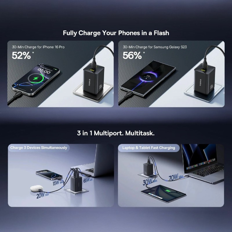 Polnilec Baseus EnerFill FE11, 100W, 2x USB-C, USB-A, bel