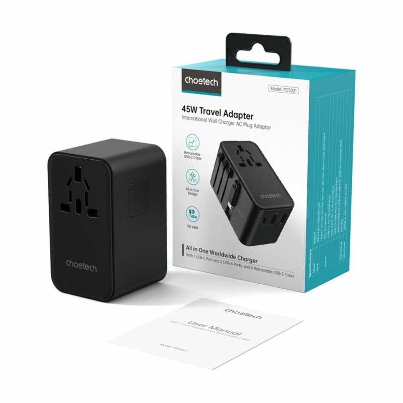 Potovalni adapter Choetech PD5021 45 W z USB-C PD in vtiči EU/US/UK/AU