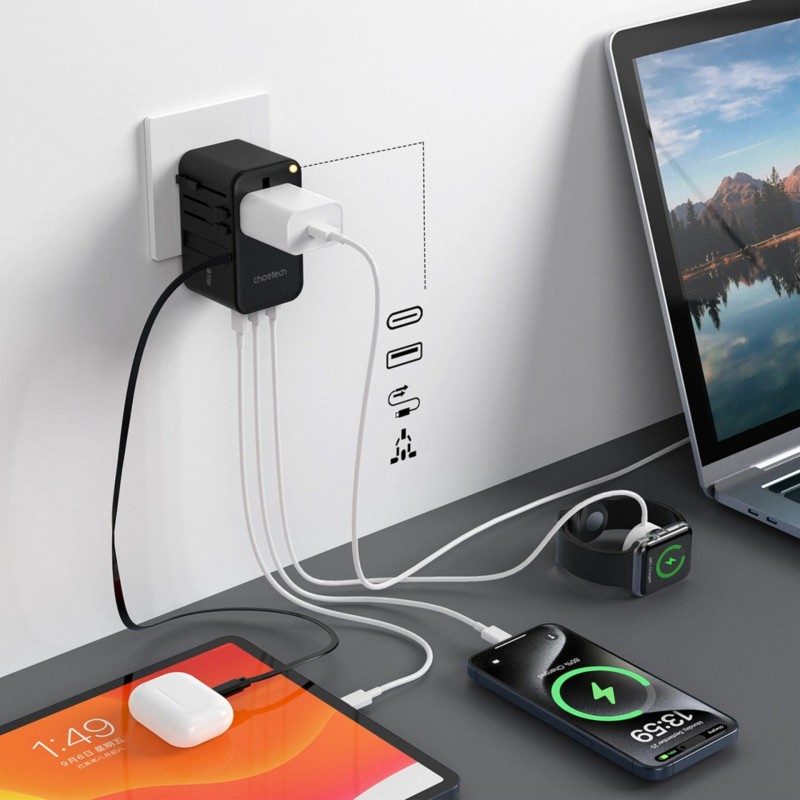 Potovalni adapter Choetech PD5022 70 W z USB-C PD in vtiči EU/US/UK/AU