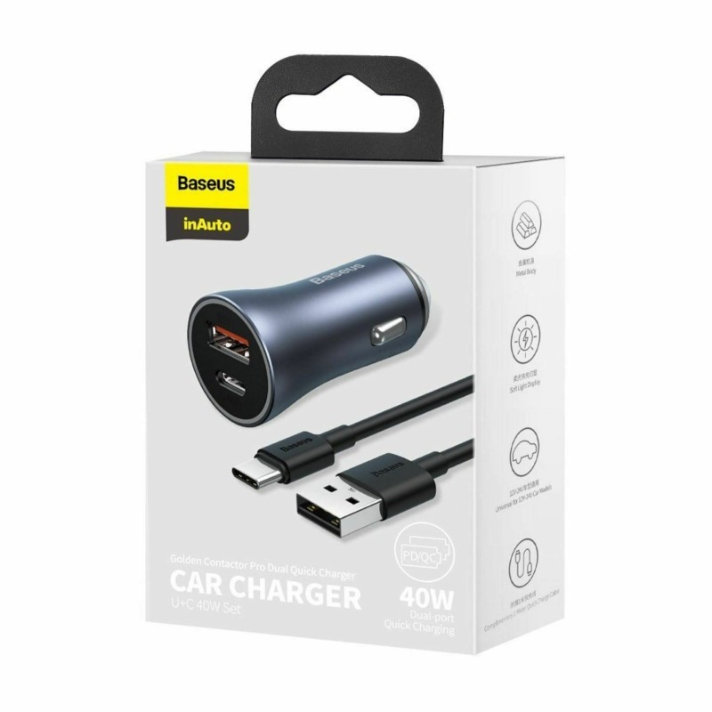 Avtomobilski polnilec Baseus TZCCJD-0G 40W QC PD, USB-C, USB-A, siv