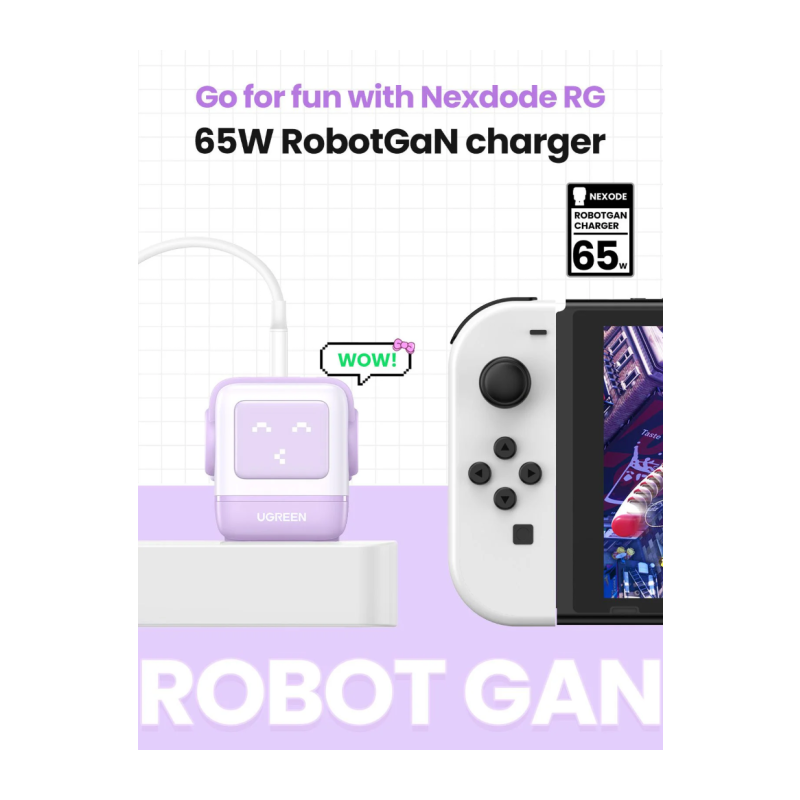 Polnilec Ugreen Nexode Robot GaN 65W, USB-C, USB-A, vijolična