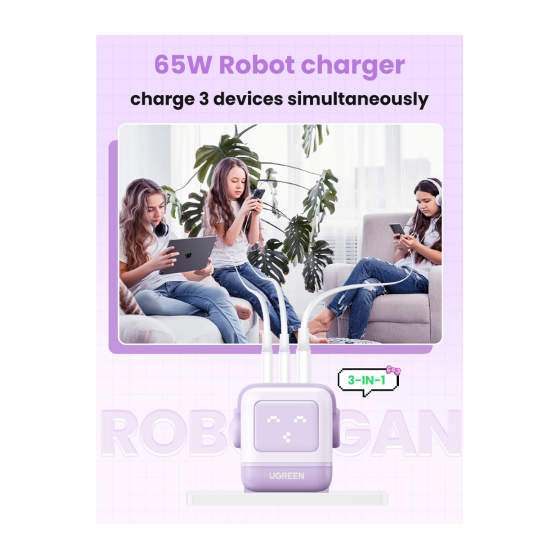 Polnilec Ugreen Nexode Robot GaN 65W, USB-C, USB-A, vijolična