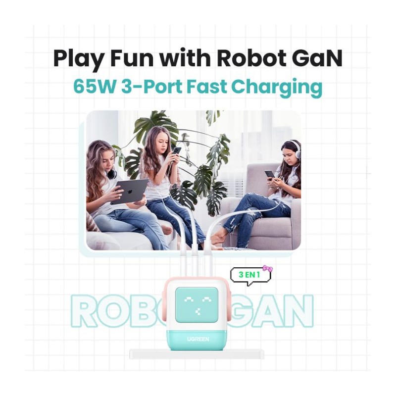 Polnilec Ugreen Nexode Robot GaN 65W, USB-C, USB-A, roza