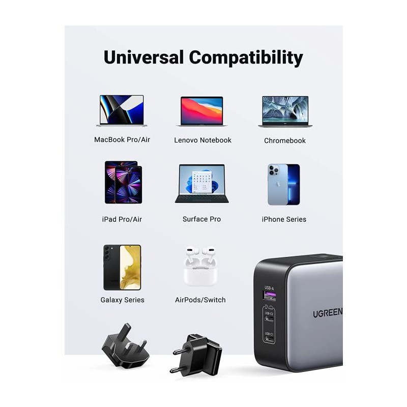 Potovalni polnilec Ugreen Nexode 65W GaN PD, USB-A, USB-C