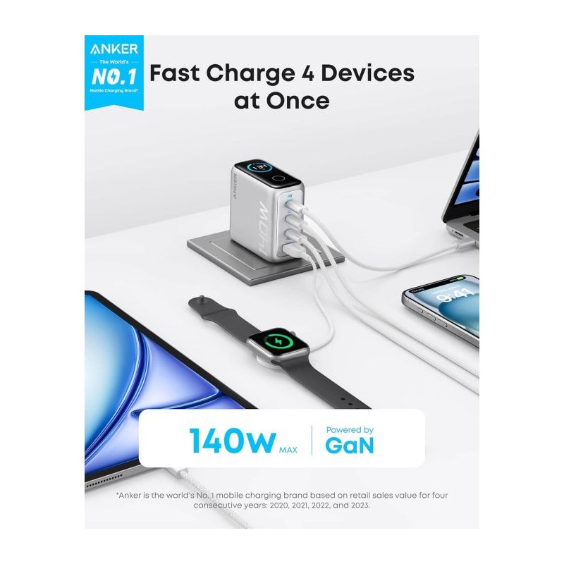 Polnilec Anker B2697G41 140W, USB-C, USB-A, siv