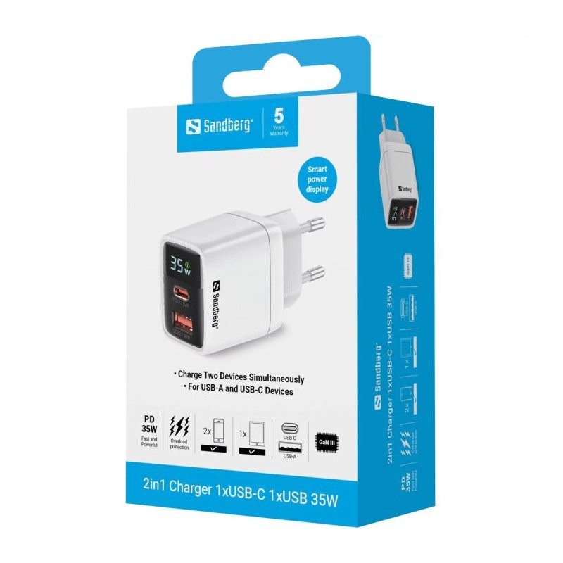 Polnilec Sandberg 32W PD, 1x USB-C, 1x USB-A
