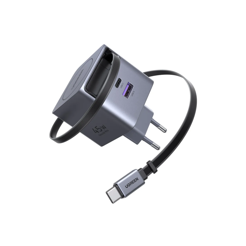 Polnilec Ugreen Retractable 45W GaN, USB-C, USB-A