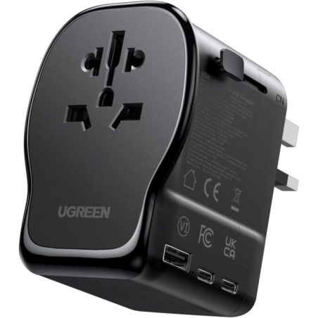 Univerzalni potovalni polnilec Ugreen 65W, 2x USB-C, 1x USB-A, črn