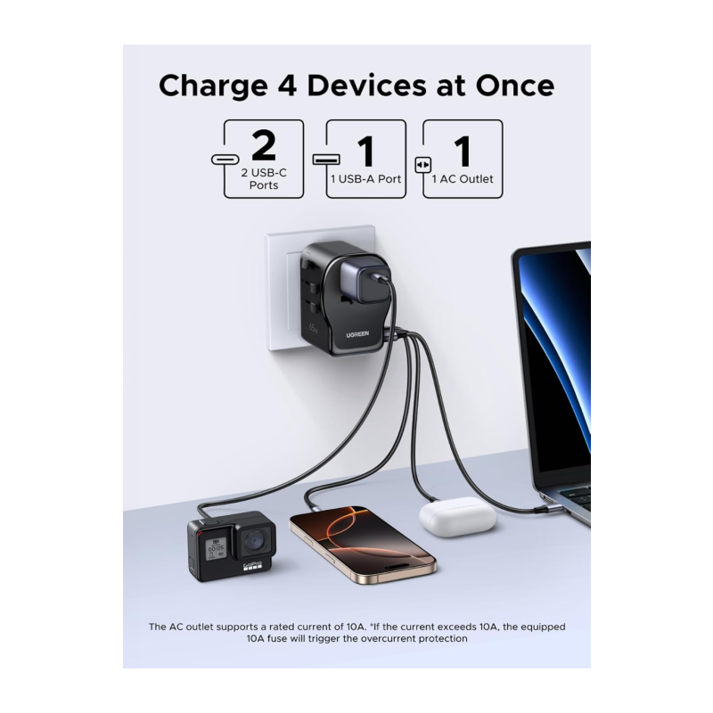 Univerzalni potovalni polnilec Ugreen 65W, 2x USB-C, 1x USB-A, črn