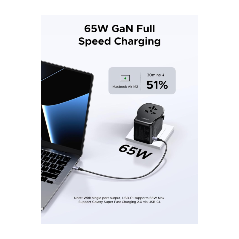 Univerzalni potovalni polnilec Ugreen 65W, 2x USB-C, 1x USB-A, črn