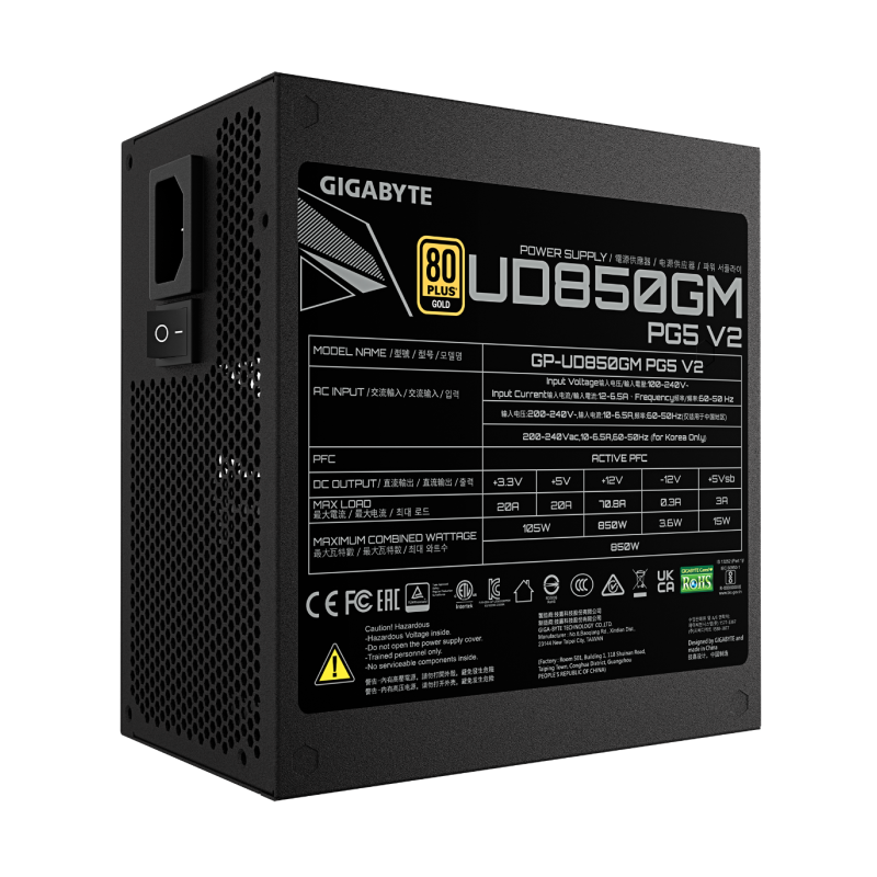 Napajalnik GIGABYTE UD850GM PG5 V2, 80 Plus Gold, 850W, modularni
