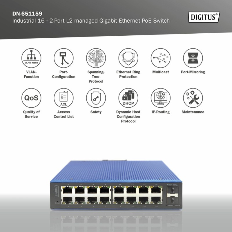 Stikalo (switch) Digitus Giga 16-port PoE + 2x SFP, DN-651159