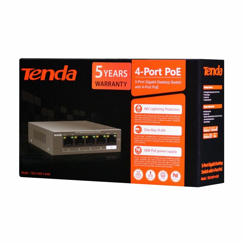 Stikalo Giga 05x RJ45 4x PoE Tenda mini kovinsko ohišje