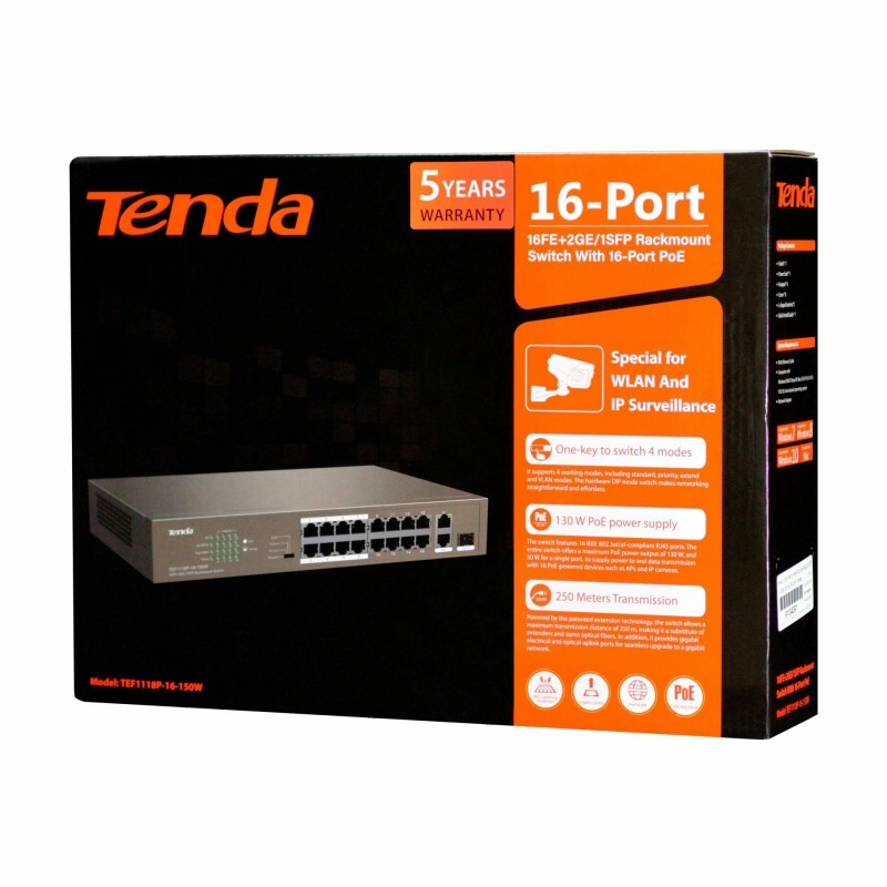Stikalo (switch) 18 port 10/100 PoE Tenda TEF1118P-16-150W