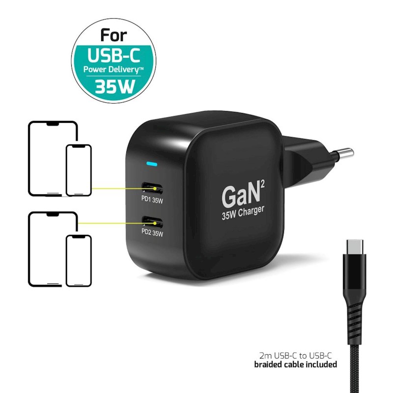 Polnilec PORT 35W GaN USB-C PD + kabel USB-C, 2m