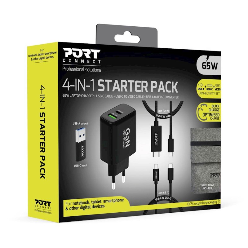 Polnilec PORT 65W GaN Starter Kit 4-v-1 USB-C + kabel USB-C, 1,8m