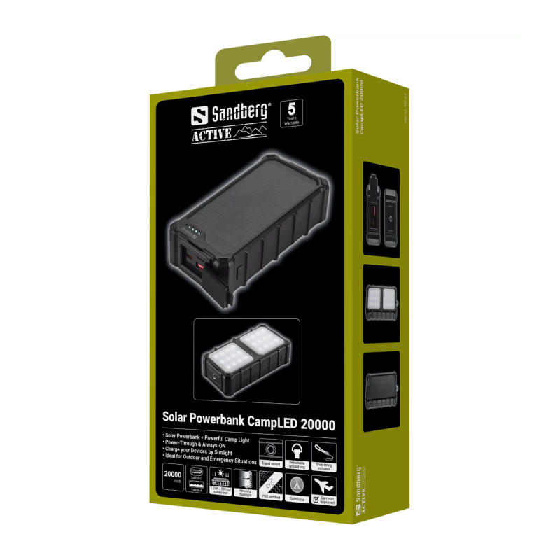 Prenosna baterija Powerbank Sandberg Solar CampLED 20000, 20000 mAh