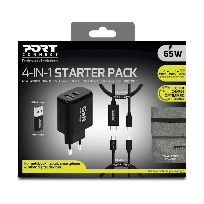 Polnilec PORT 65W GaN Starter Kit 4-v-1 USB-C + kabel USB-C, 1,8m