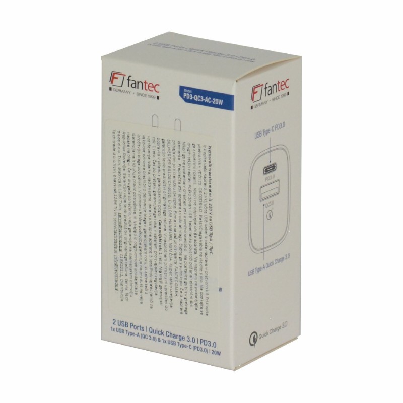 Polnilec Fantec 2575, 20W, USB-A, USB-C, bel