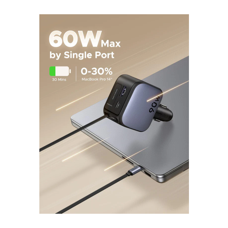 Avtomobilski polnilec Ugreen, 90W, vgrajen USB-C kabel