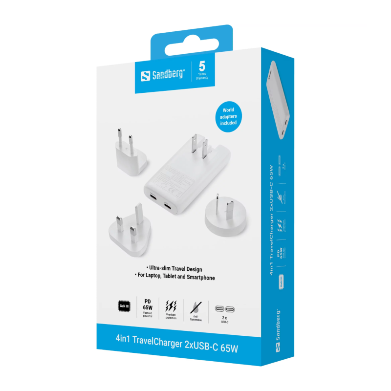 Polnilec Sandberg 4-v-1 TravelCharger, 2x USB-C, 65W