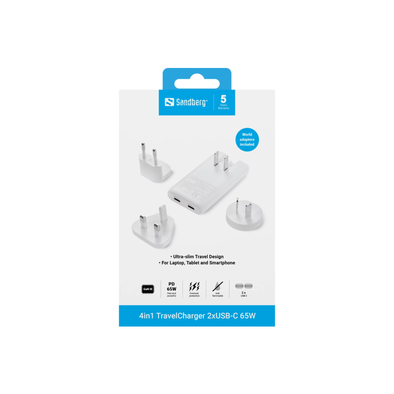 Polnilec Sandberg 4-v-1 TravelCharger, 2x USB-C, 65W