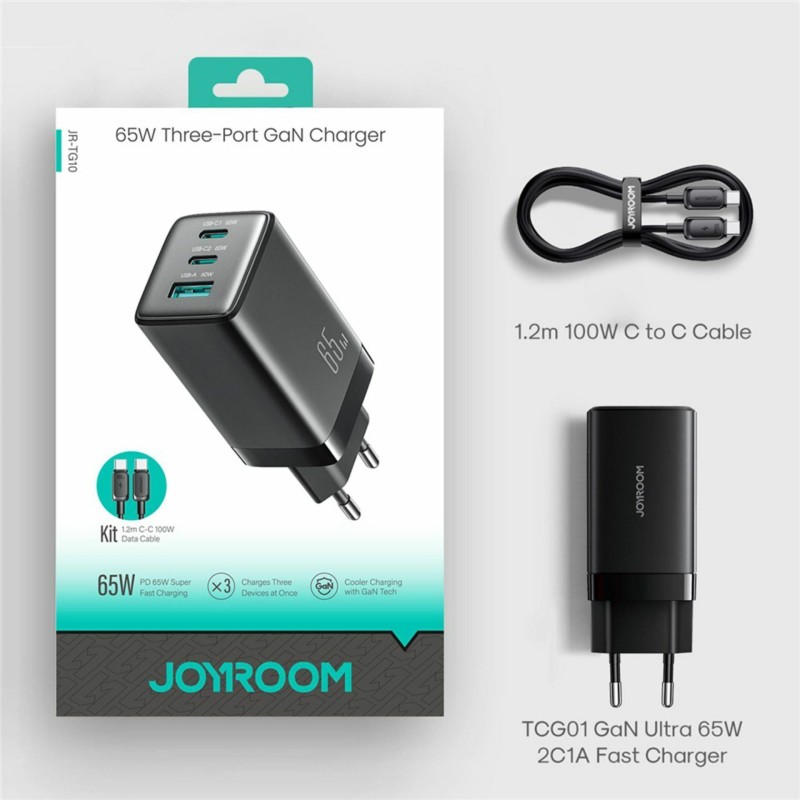 Polnilec Joyroom JR-TG10, 65W, USB-C/A, s kablom, črn