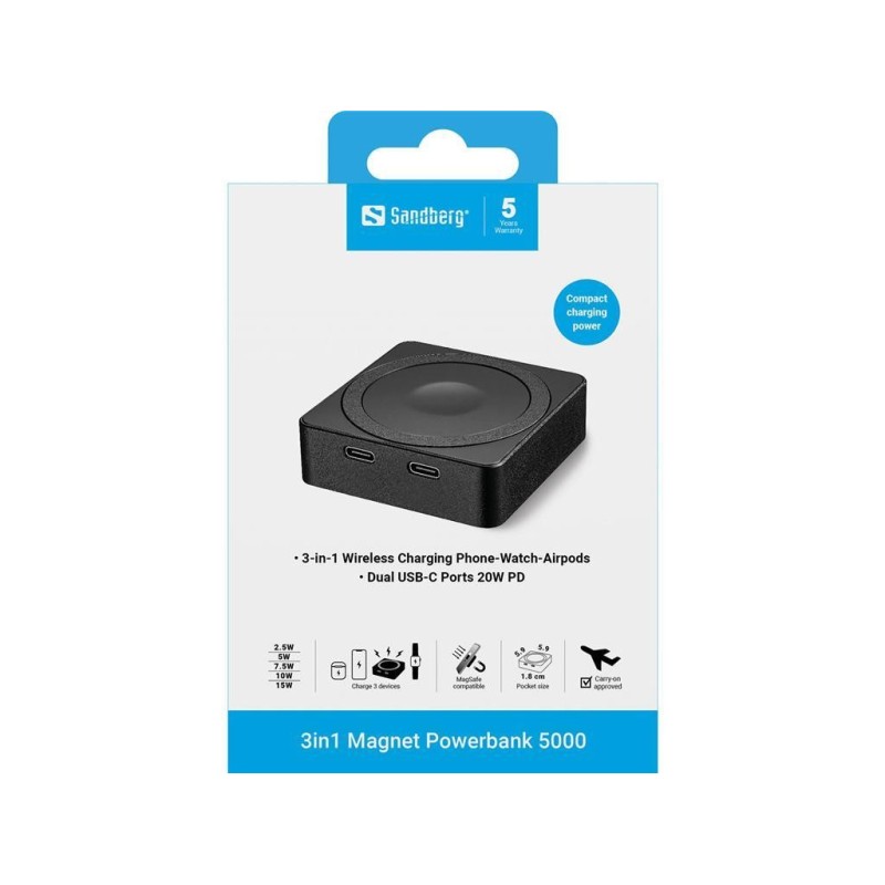 Prenosna baterija Powerbank Sandberg 3-v-1 Magnet 5000, 5000 mAh